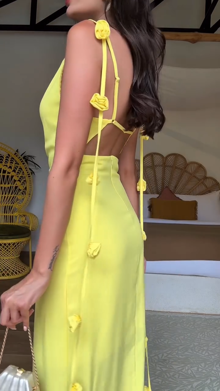 Elegant Maxi Backless Dress with Floral Straps and Halter Neckline