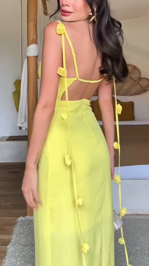 Elegant Maxi Backless Dress with Floral Straps and Halter Neckline