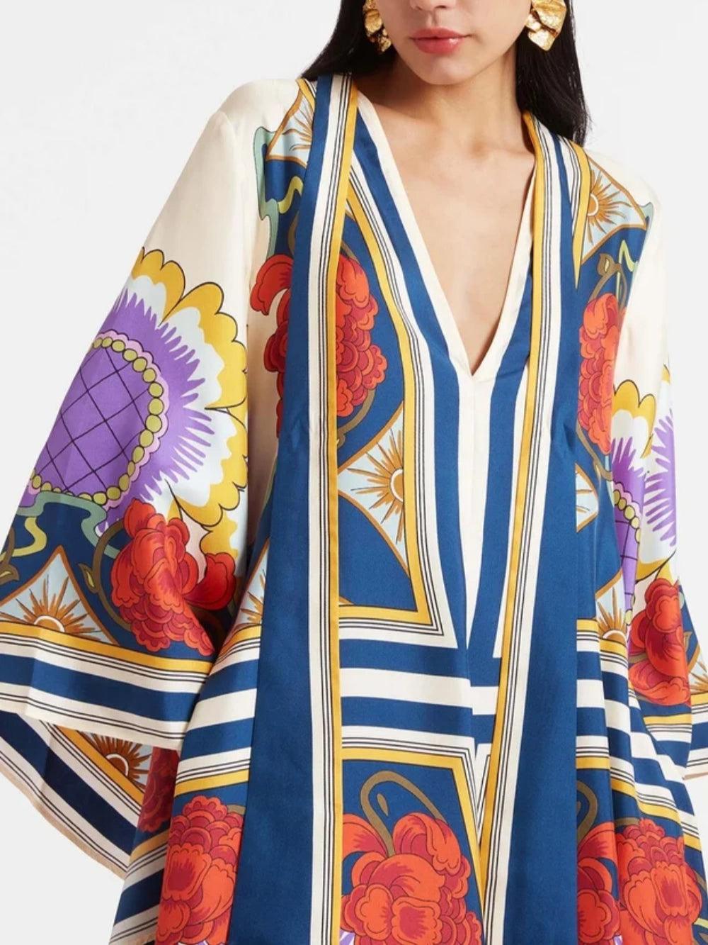 Elegant Floral Print Maxi Dress with Draped Waterfall Sleeves