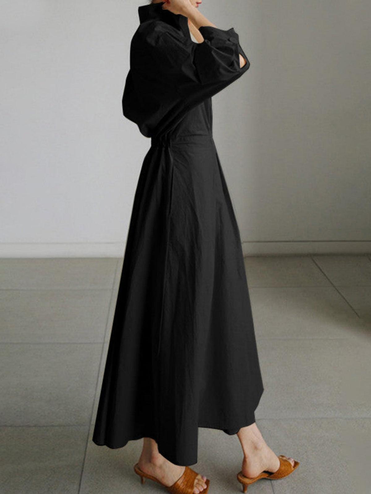 Elegant Solid Midi Dress with Notched Collar and Pockets Buttons