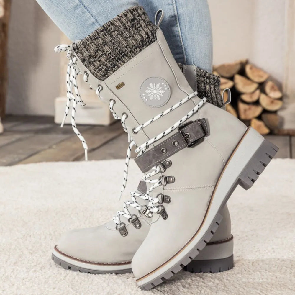 Women's Winter Lace-Up Snow Boots with Cozy Knit Cuff, Buckle Detail & Anti-Slip Sole