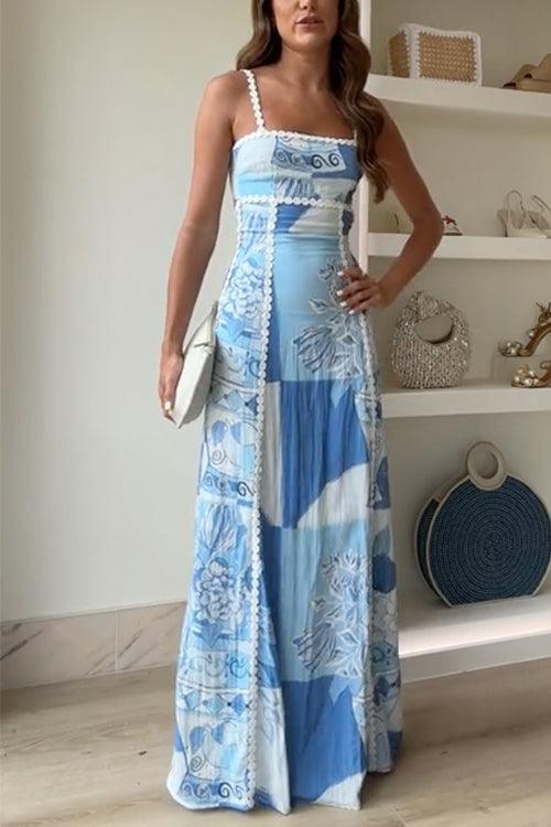Elegant Ric Rac Straps Bow Back Printed Maxi Cami Dress with Cut-Out Design