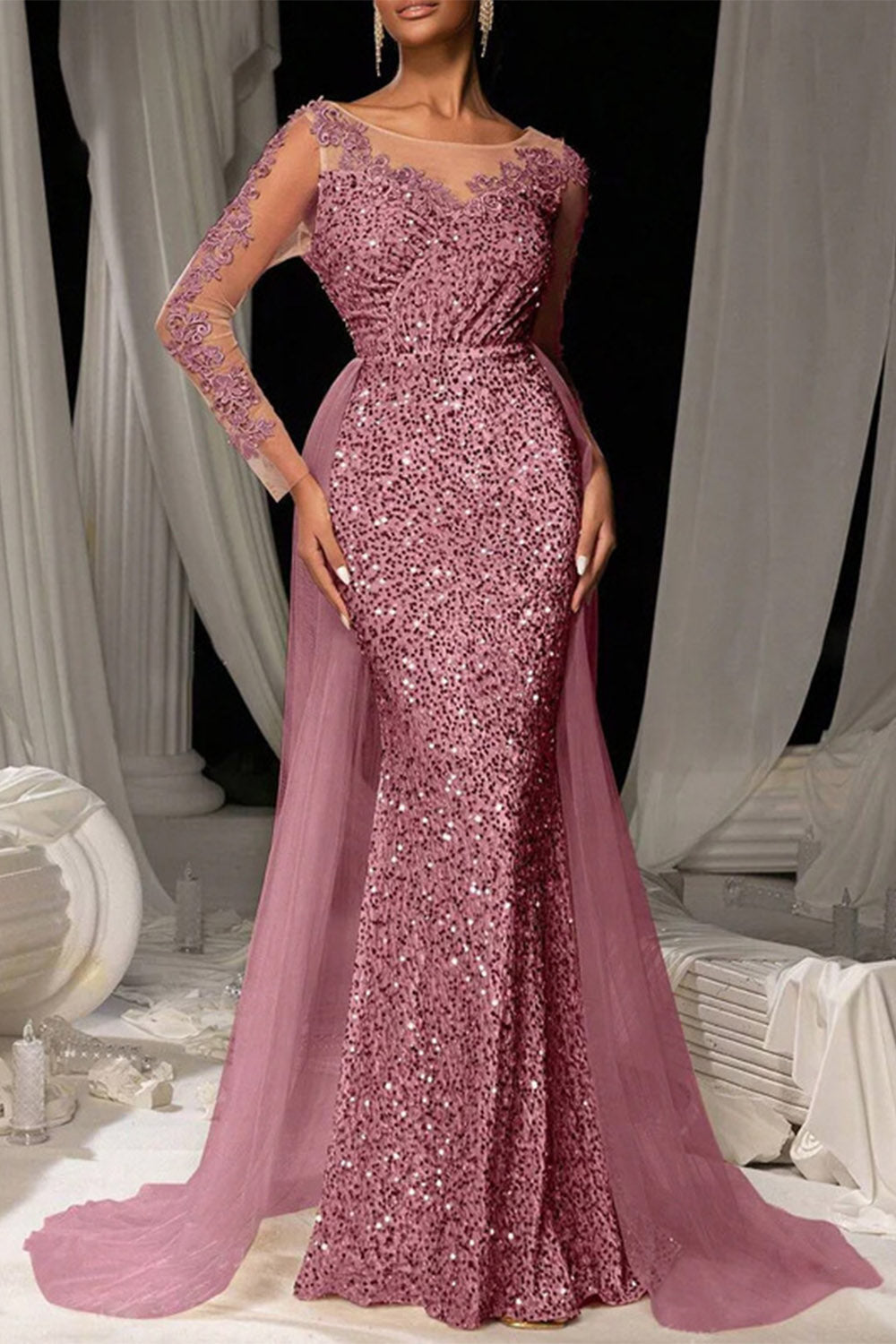 Long evening gown in dark brown sequin lace with a tulle overskirt mermaid maxi style