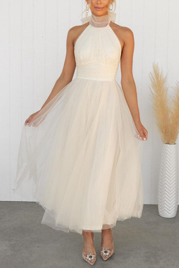Elegant Maxi Dress with Tulle Details and Halter Neckline - Perfect for a Fairy-tale Look