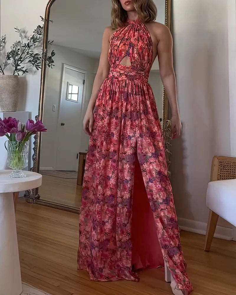 Backless Floral Maxi Dress – Elegant Print & Flowy Silhouette