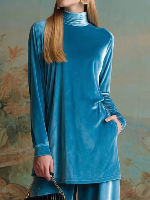 Blue Velvet High-Neck Relaxed-Fit Casual Set