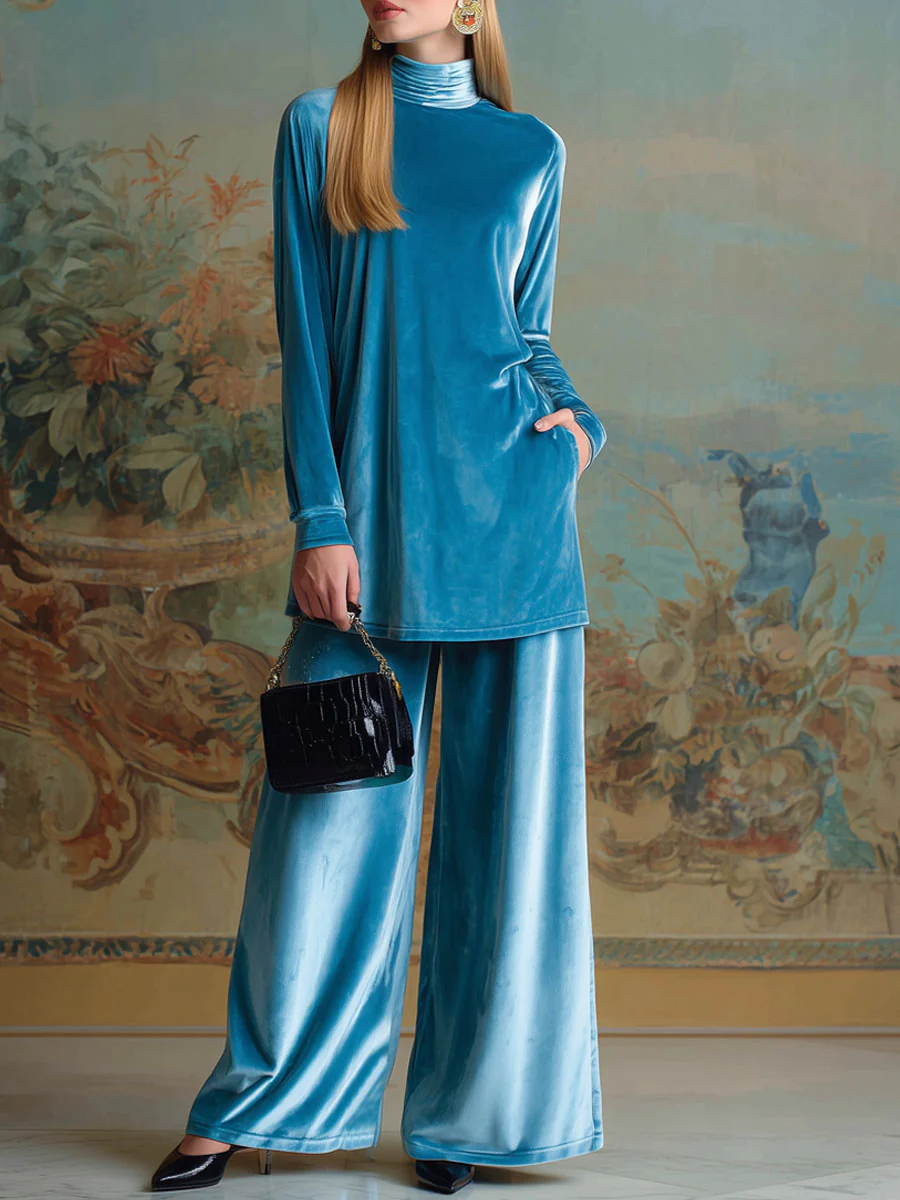 Blue Velvet High-Neck Relaxed-Fit Casual Set