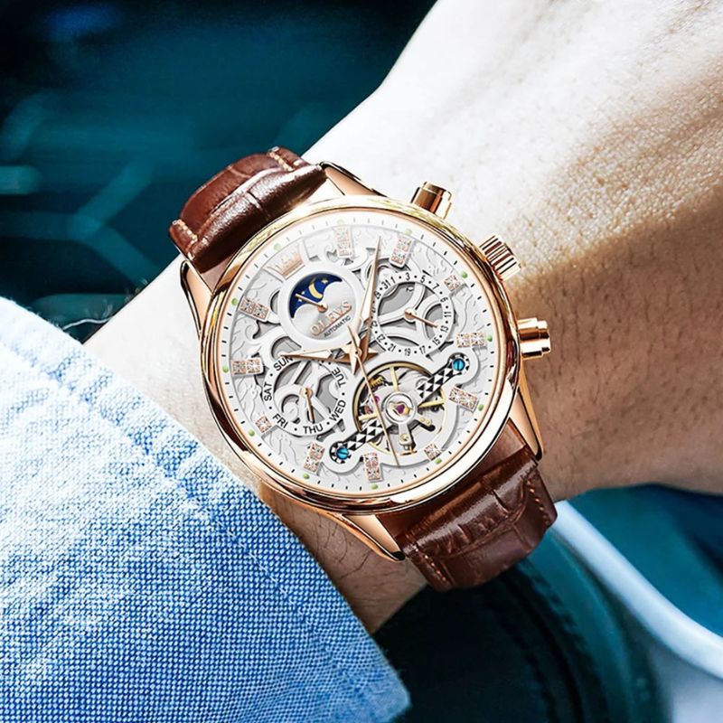 Elegant Automatic Mechanical Watch with Leather Strap