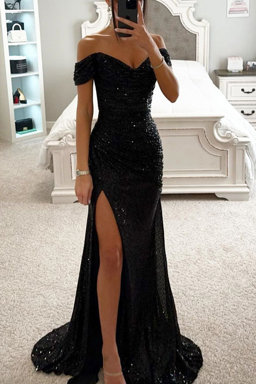 Elegant Sequin Evening Dress with Deep V neckline and Slit