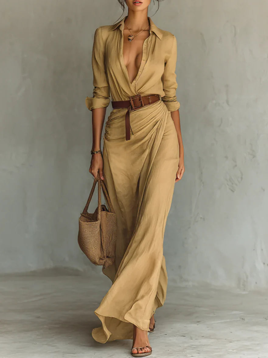 Elegant Women's Lapel Long Sleeve Belted Maxi Dress
