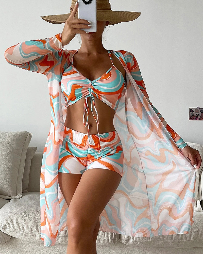 3-Piece Printed Bikini Set | Printed Bikini With Cover-Up