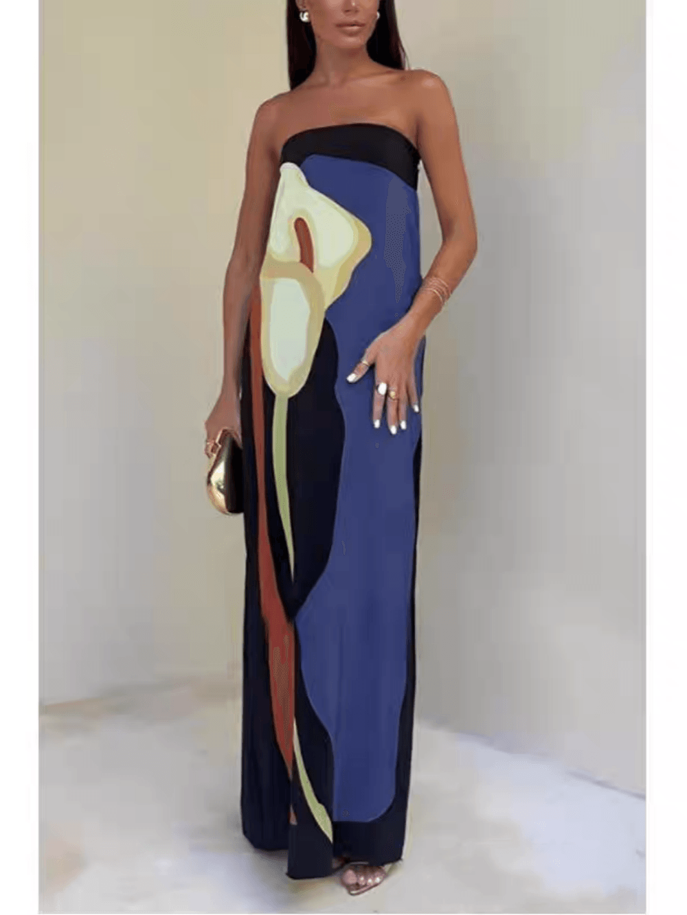 Sleeveless Strapless Color Block Pattern Long Dress Perfect for Your Parties