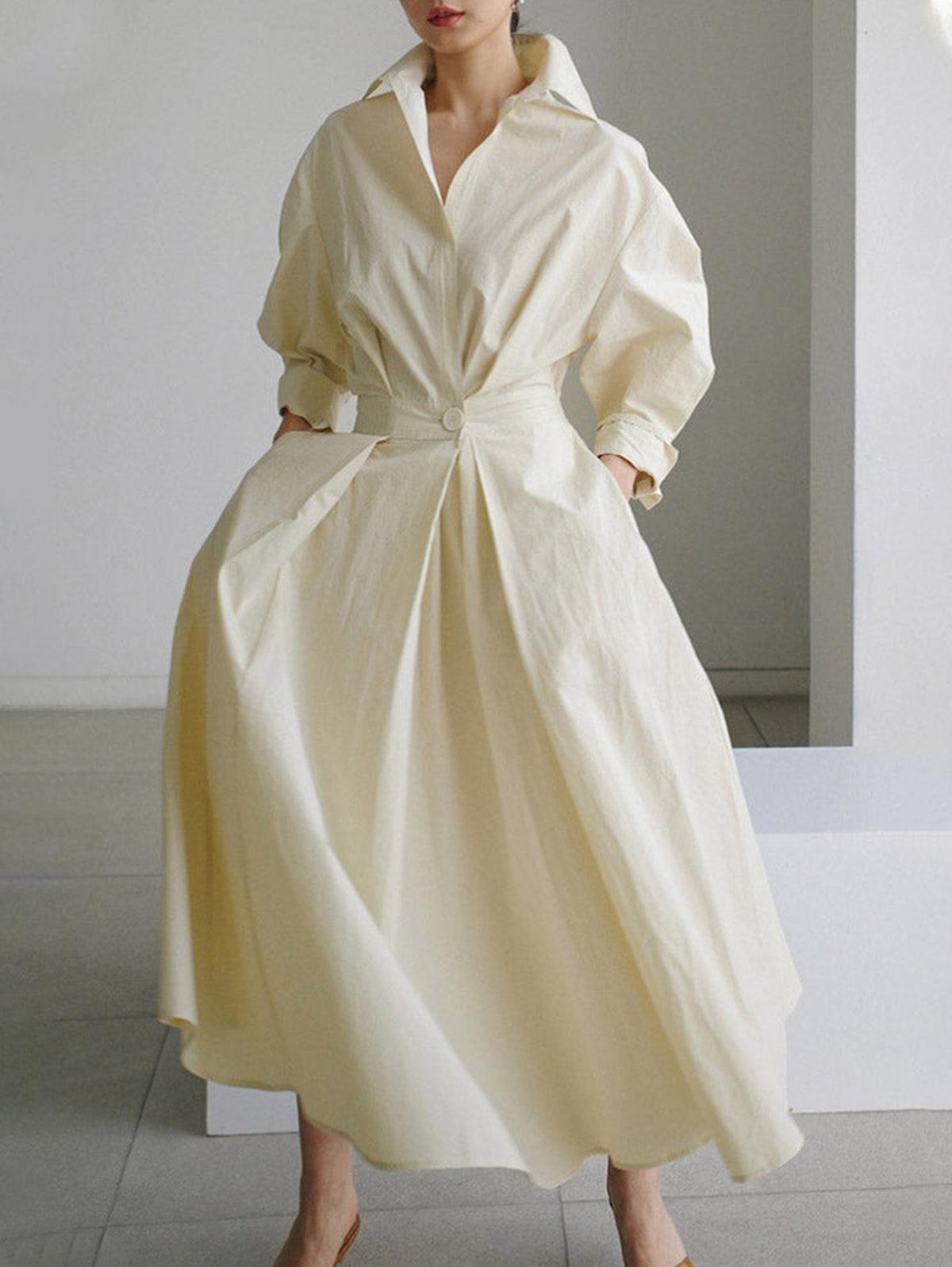 Elegant Solid Midi Dress with Notched Collar and Pockets Buttons