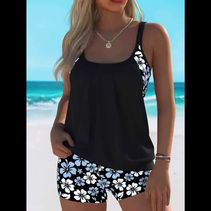 Isabella Blue Floral Tankini Set - Elegant Two-Piece Swimwear