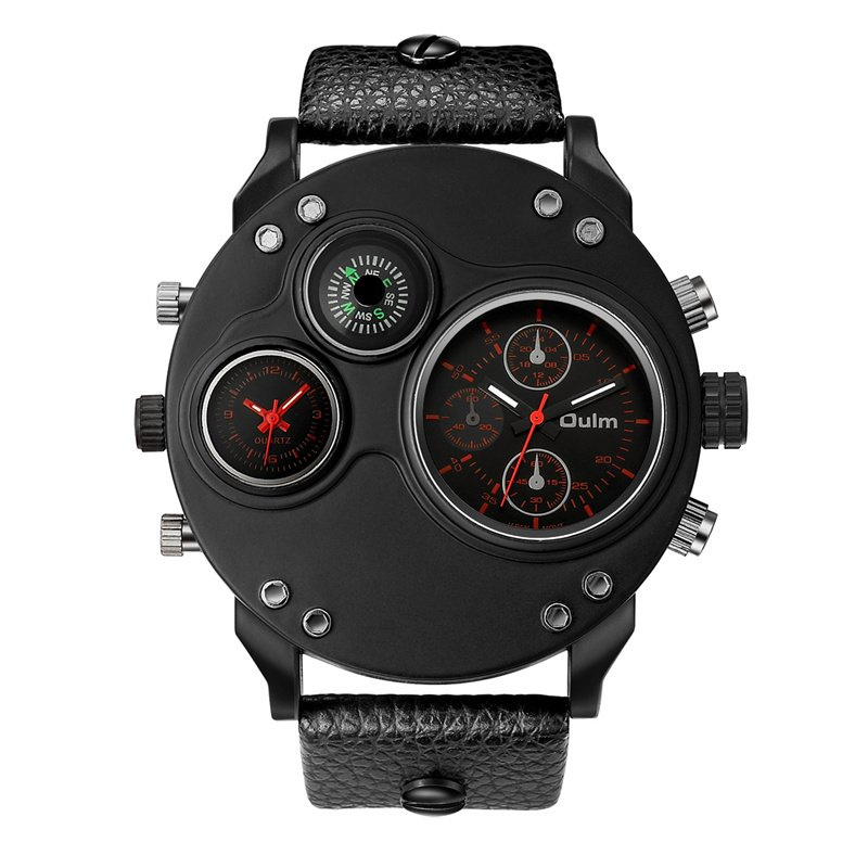 Black leather chronograph watch with dual time zones