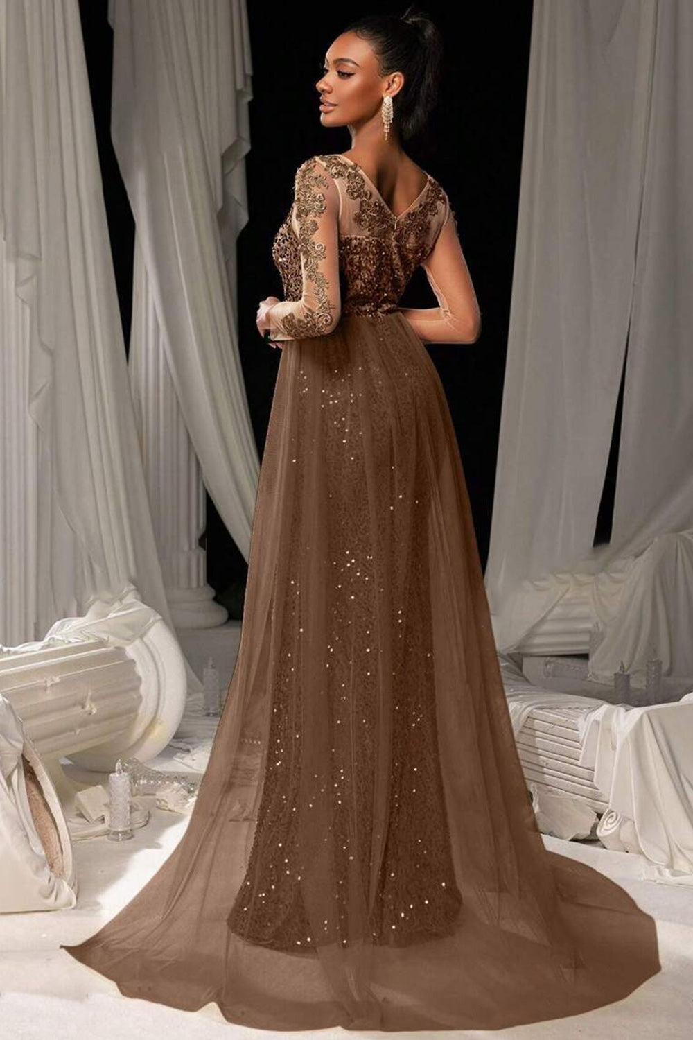Long evening gown in dark brown sequin lace with a tulle overskirt mermaid maxi style