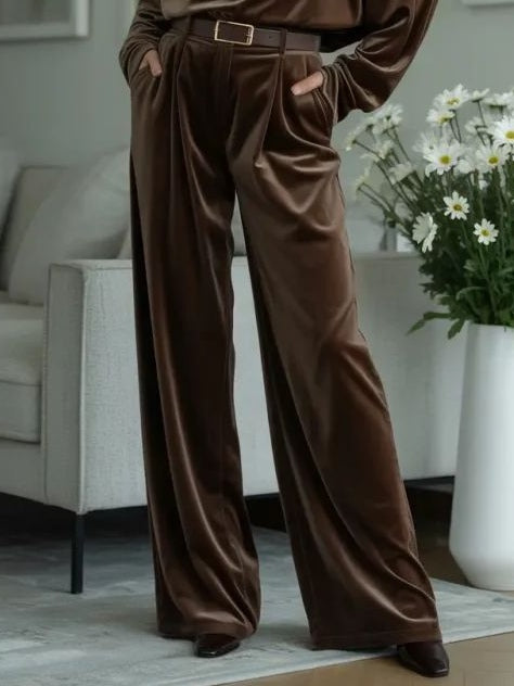 Luxurious Coffee Velvet Turtleneck Top and Trousers Set with Belt