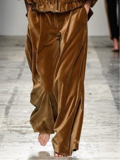 Plush Brown Velvet Zip-Up Hoodie and Trousers Set