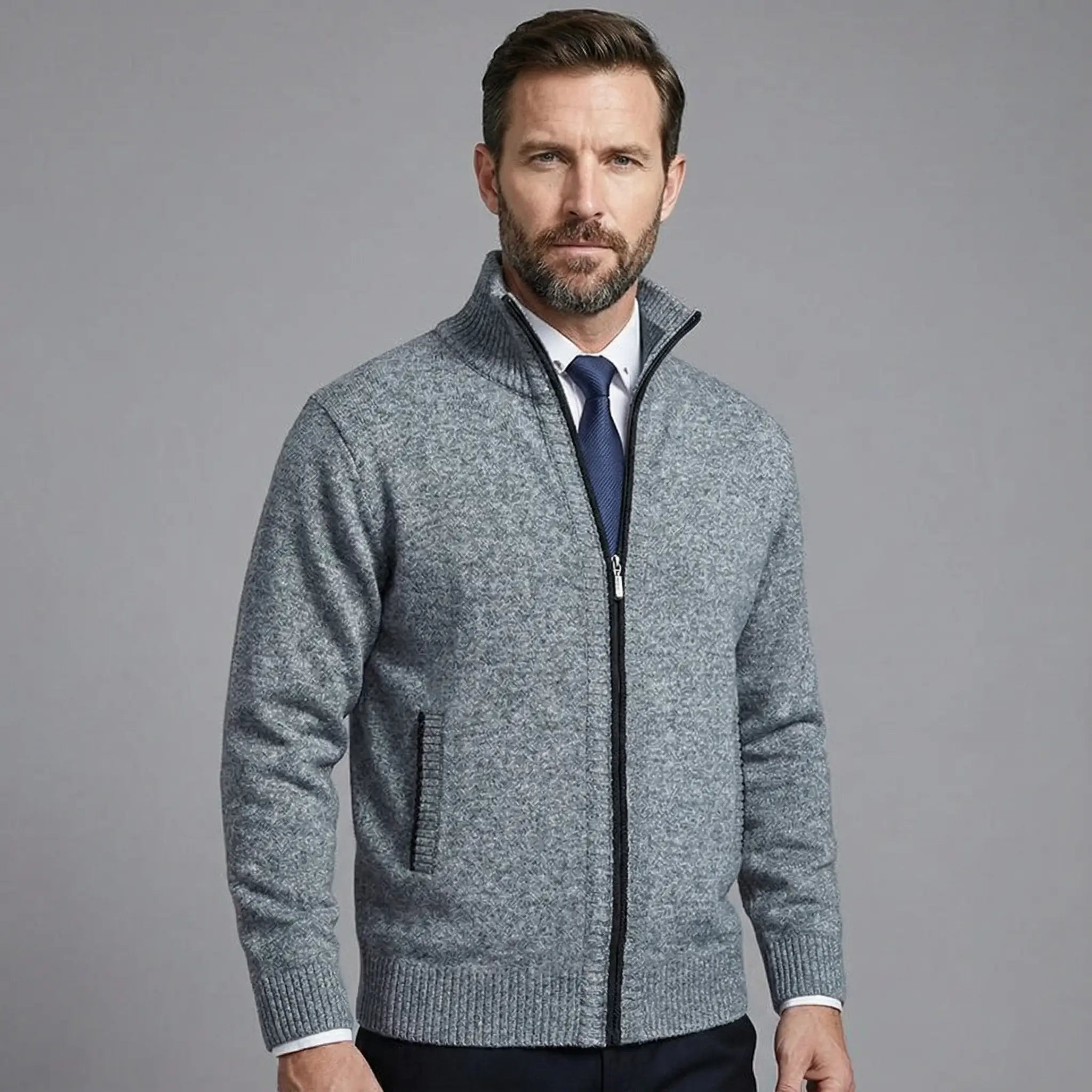 Owen | Classic Solid Knit Cardigan with Stand Collar