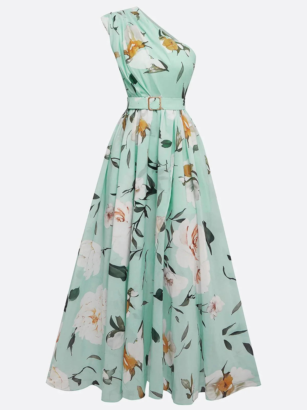 Elegant Light Green Floral One-Shoulder Ruched A-Line Maxi Dress in Chiffon
