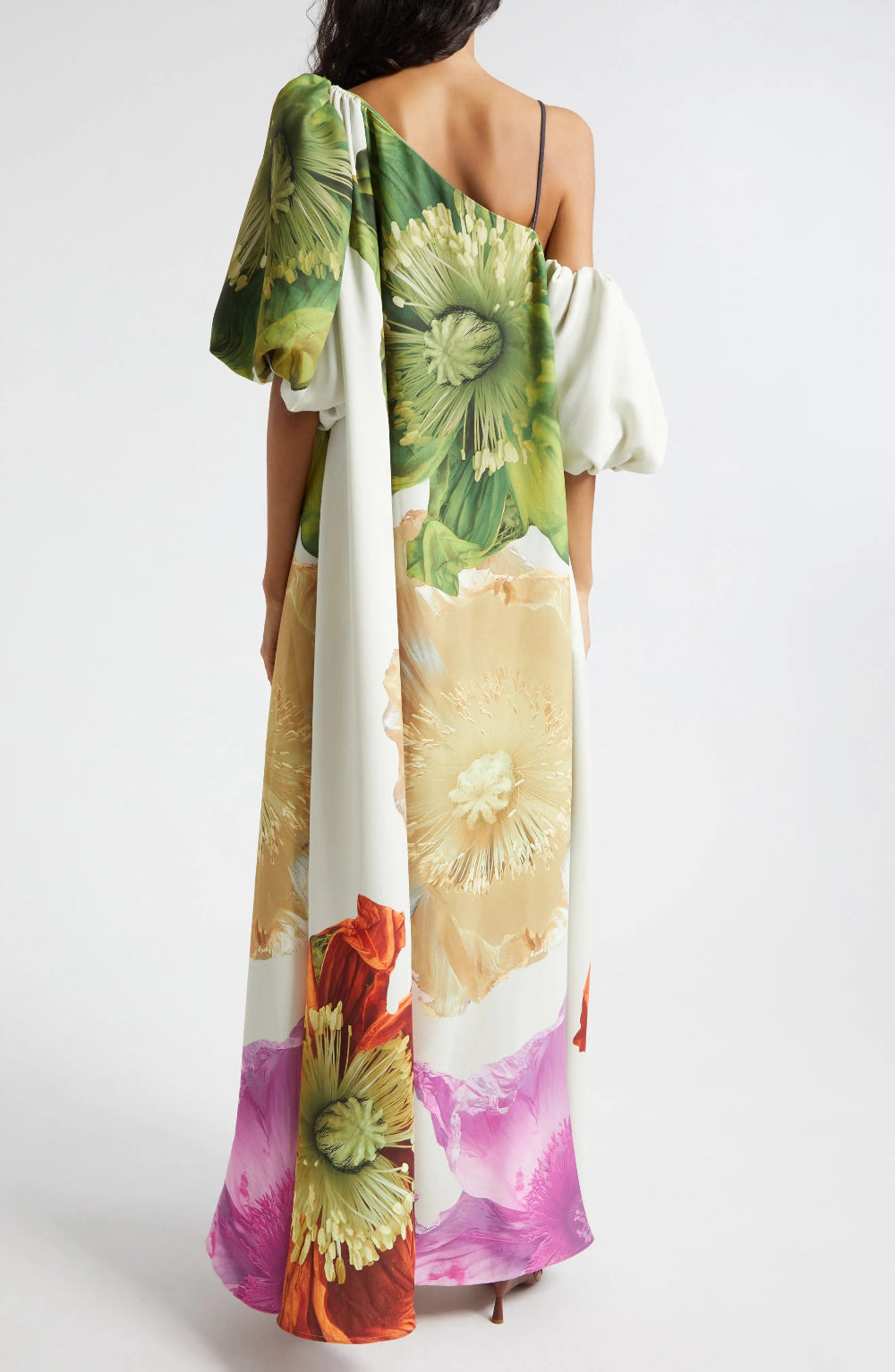 Maxi Dress with Floral Pattern on One Shoulder