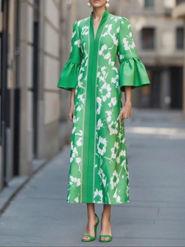 Maxi Bell Sleeve and Flared Dress with Floral Print Casual Caftan with Side Slit