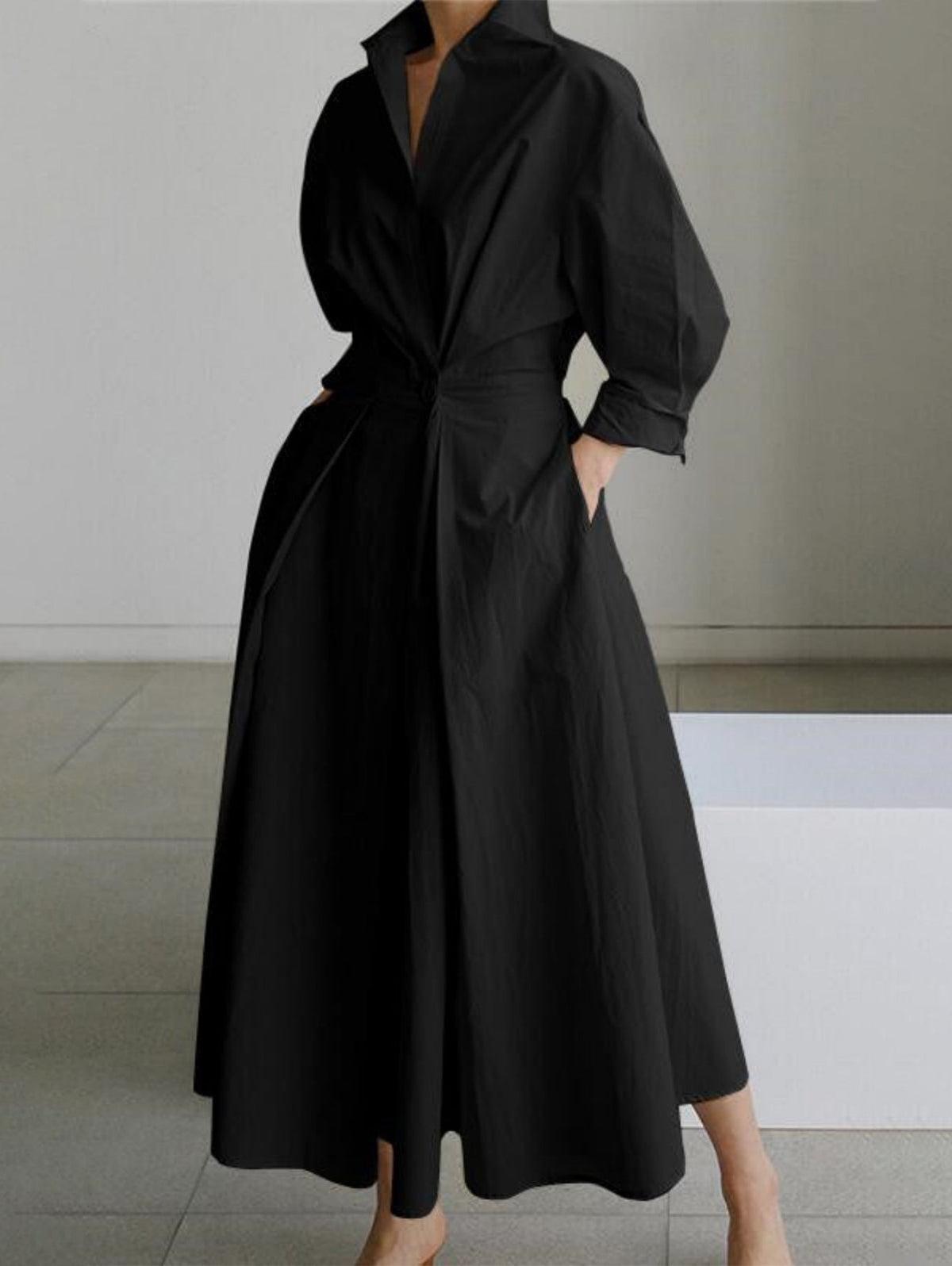 Elegant Solid Midi Dress with Notched Collar and Pockets Buttons