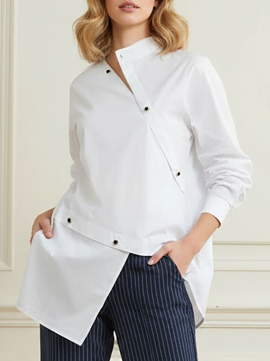 Women’s Long Sleeve Asymmetric Button Blouse – Elegant Split Front Shirt Top