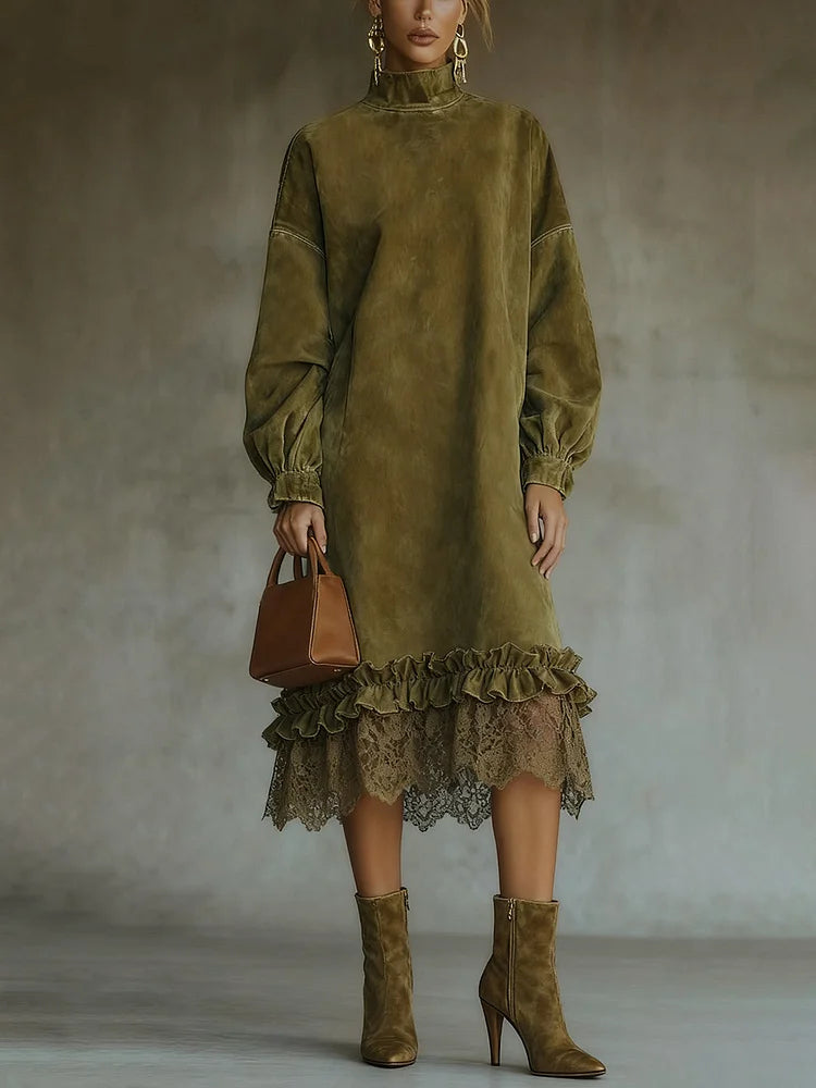 Olive Green Suede Midi Dress with Turtleneck and Elegant Lace Hem