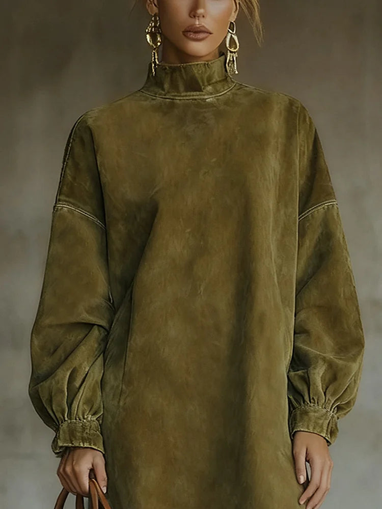 Olive Green Suede Midi Dress with Turtleneck and Elegant Lace Hem