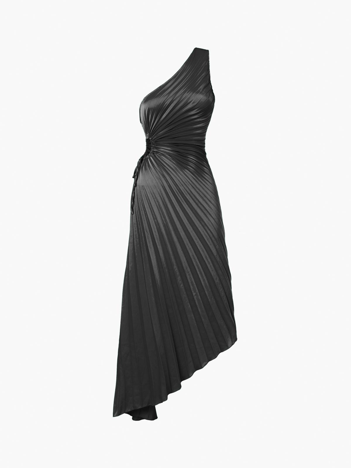 Elegant Bold Satin Pleated Dress with Stylish Cutouts