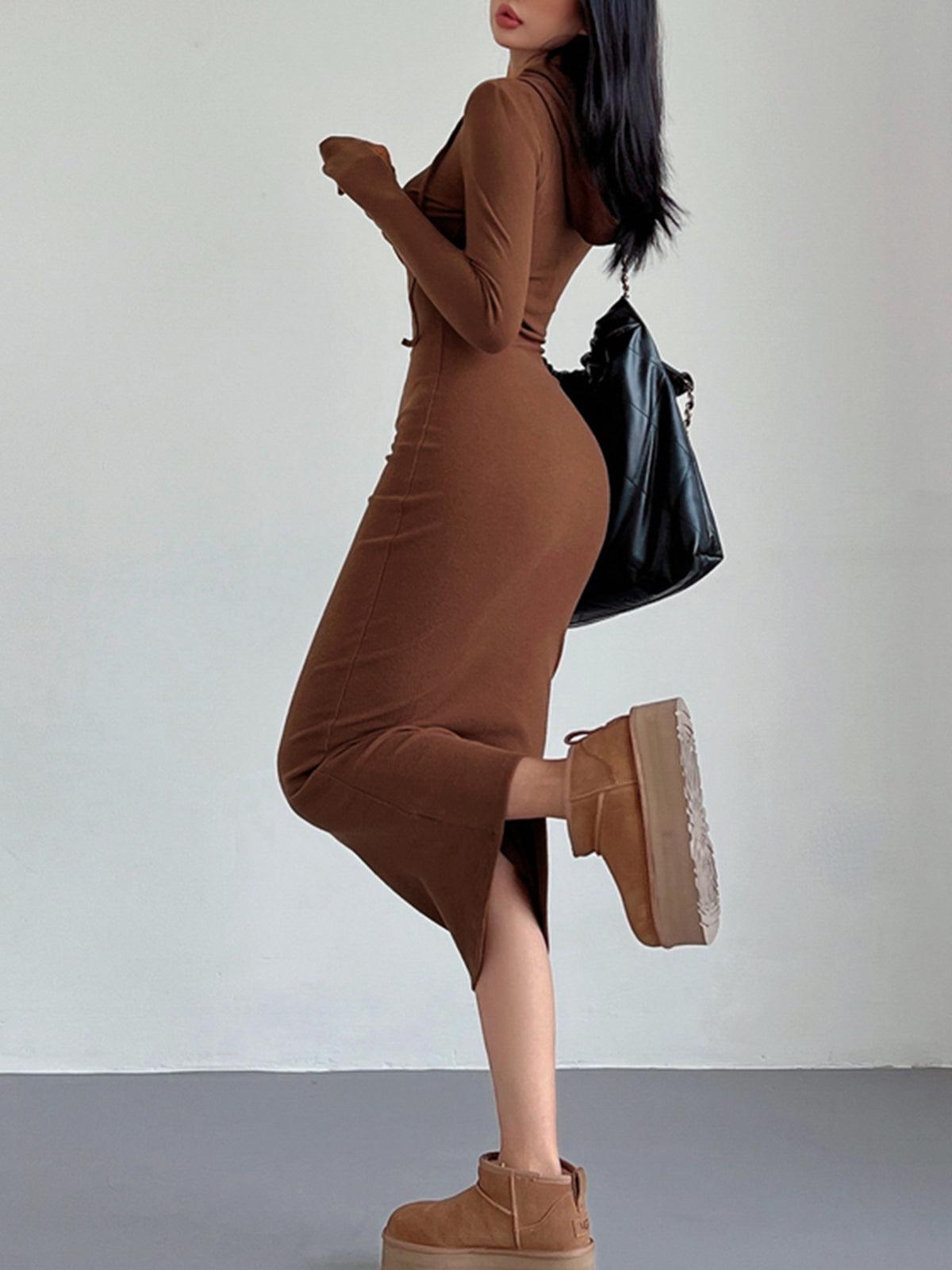 Casual off-shoulder hoodie dress with drawstring