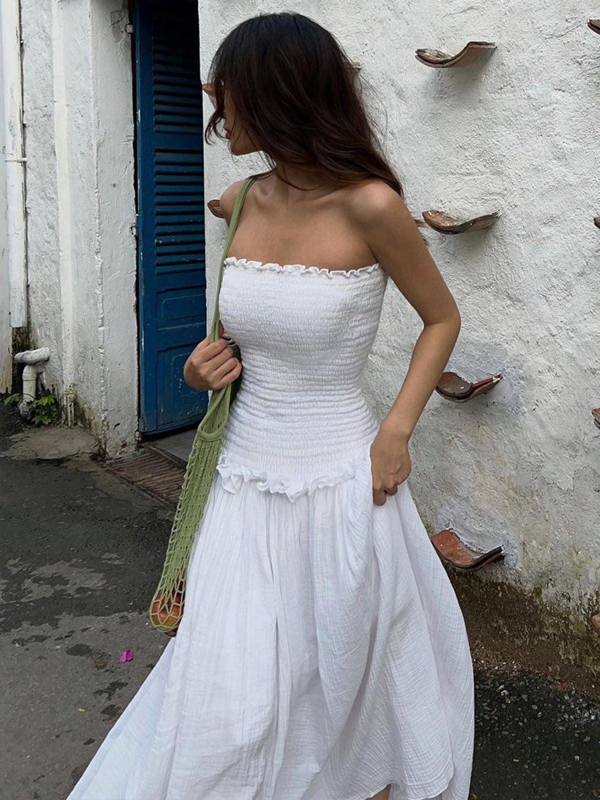 Elegant Cotton Blend with Gathering, Long Tube Dress