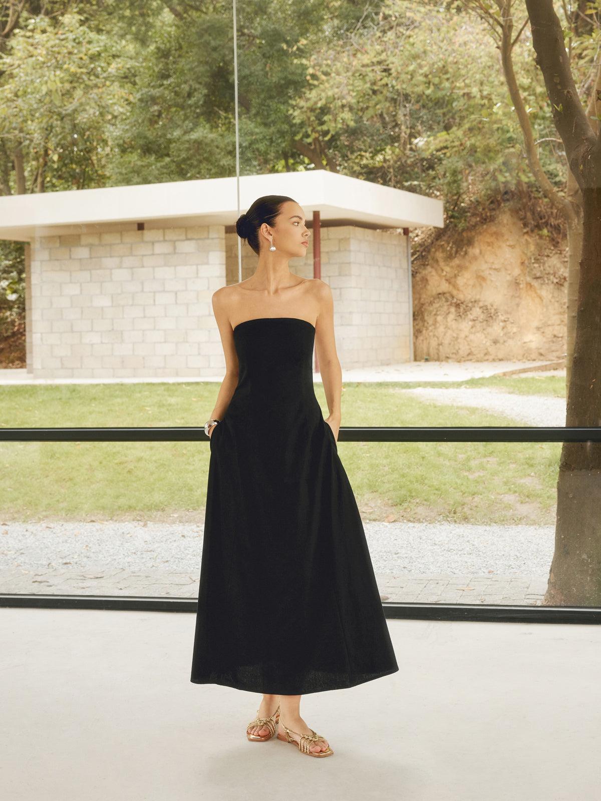 Elegant Linen Blends Long Tube Dress with Pockets - Perfect for Casual and Chic Looks