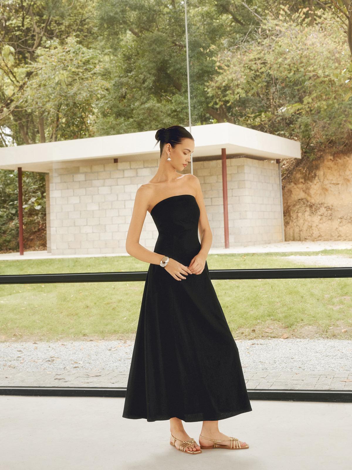 Elegant Linen Blends Long Tube Dress with Pockets - Perfect for Casual and Chic Looks