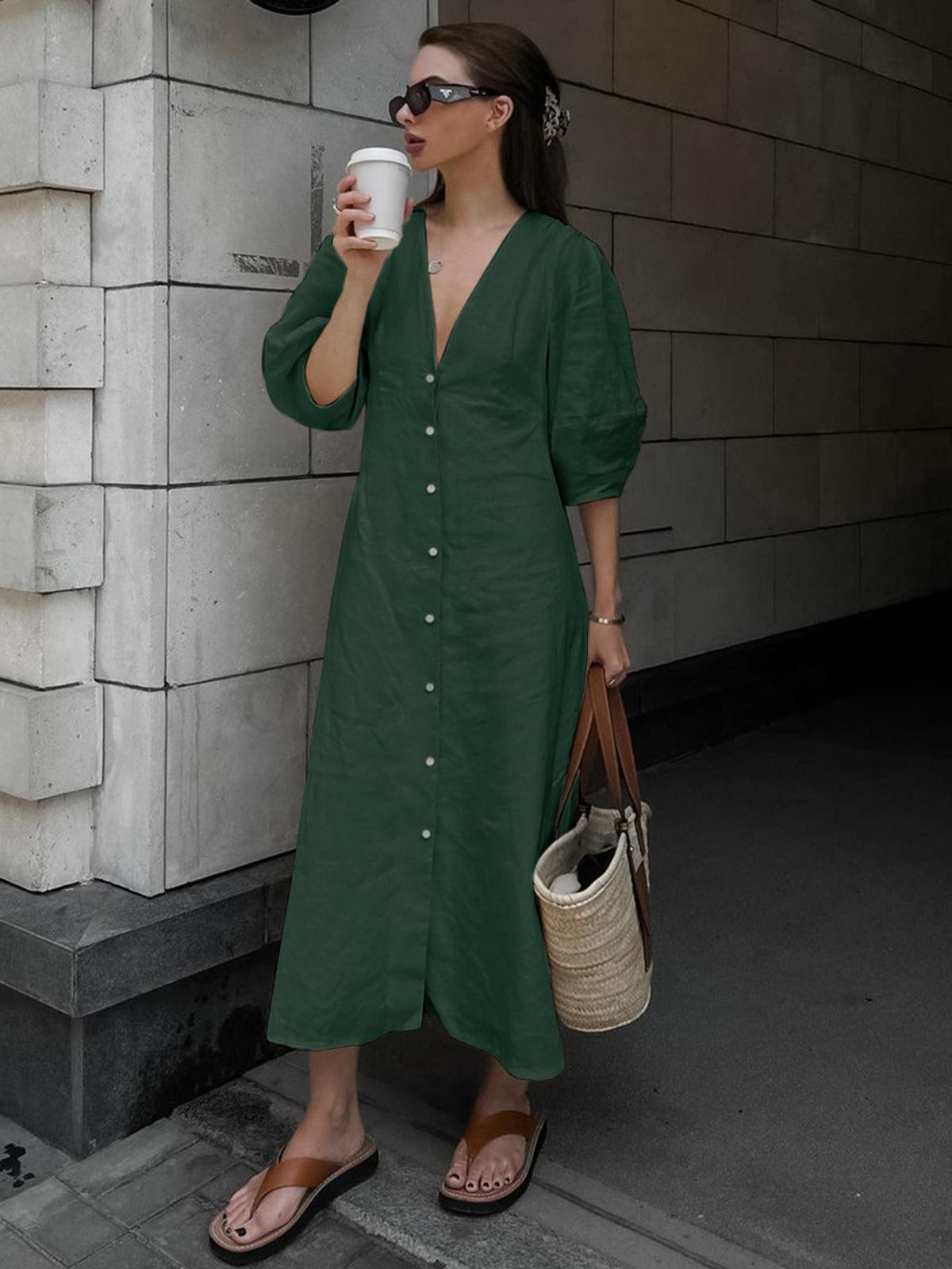 Elegant cotton-linen dress with button placket and knot design