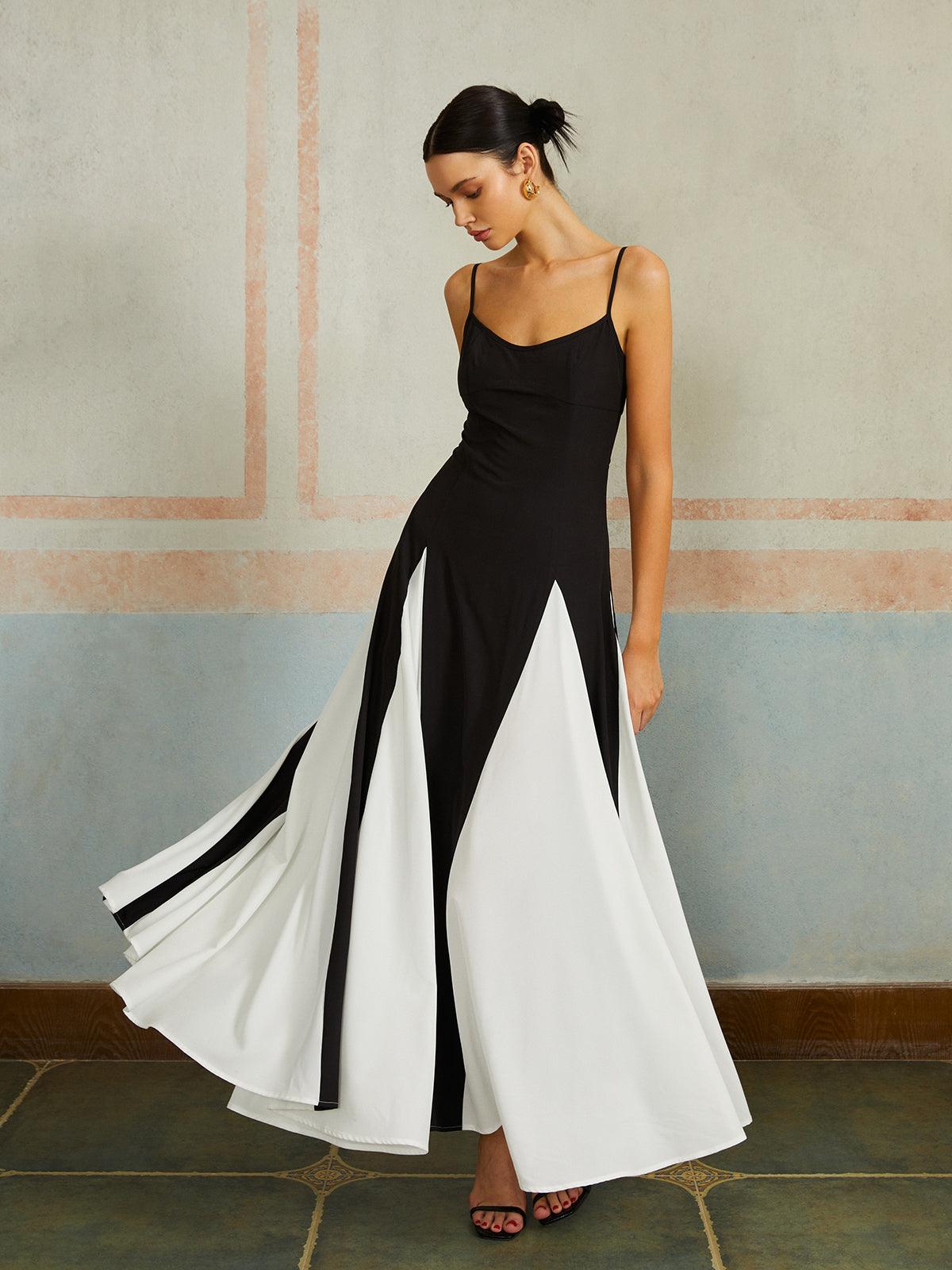 Elegant Color Block Spaghetti Strap Maxi Dress