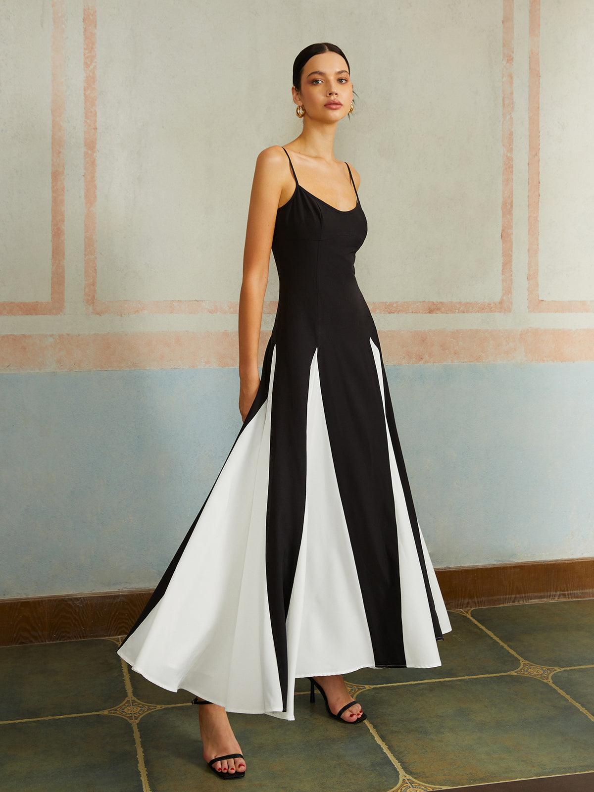 Elegant Color Block Spaghetti Strap Maxi Dress