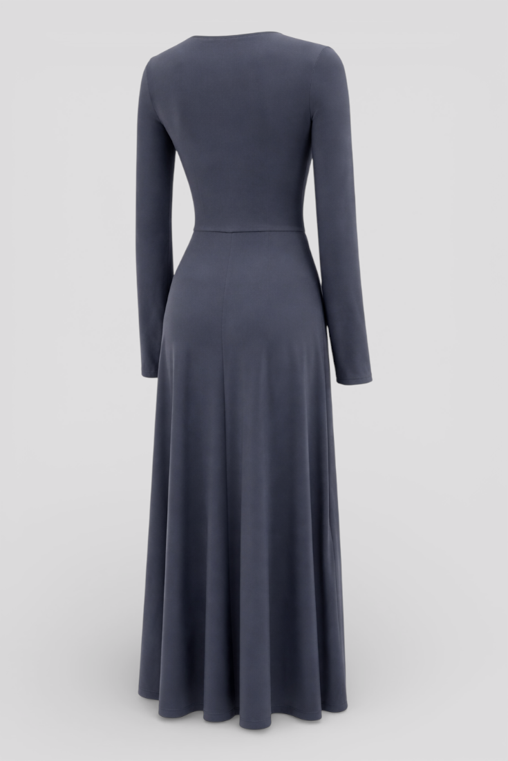 Elegant Stretch Polyester Cotton Blend Turtleneck Draped Maxi Dress