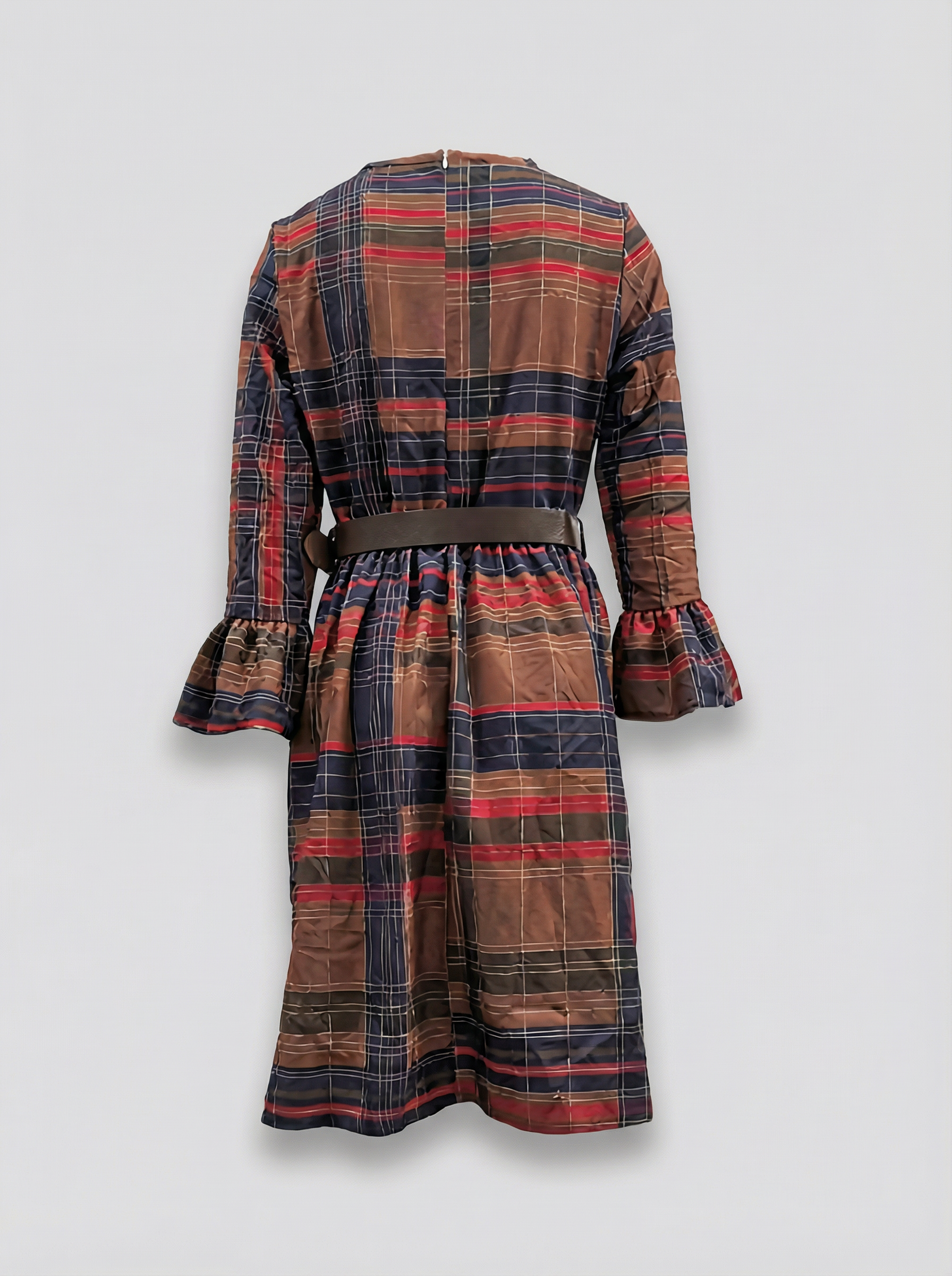 Midi round-neck dress draped with color blocks and plaid pattern (with belt)