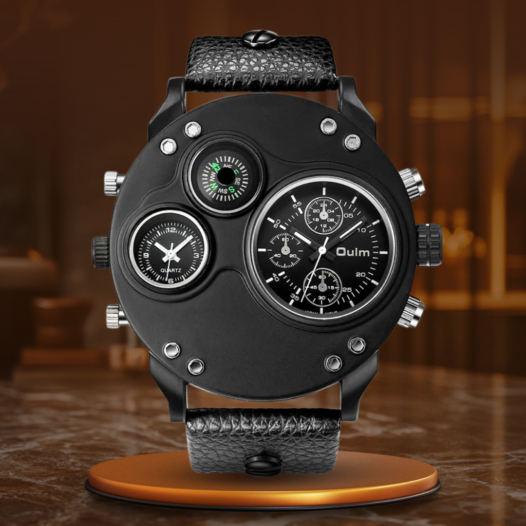Black leather chronograph watch with dual time zones