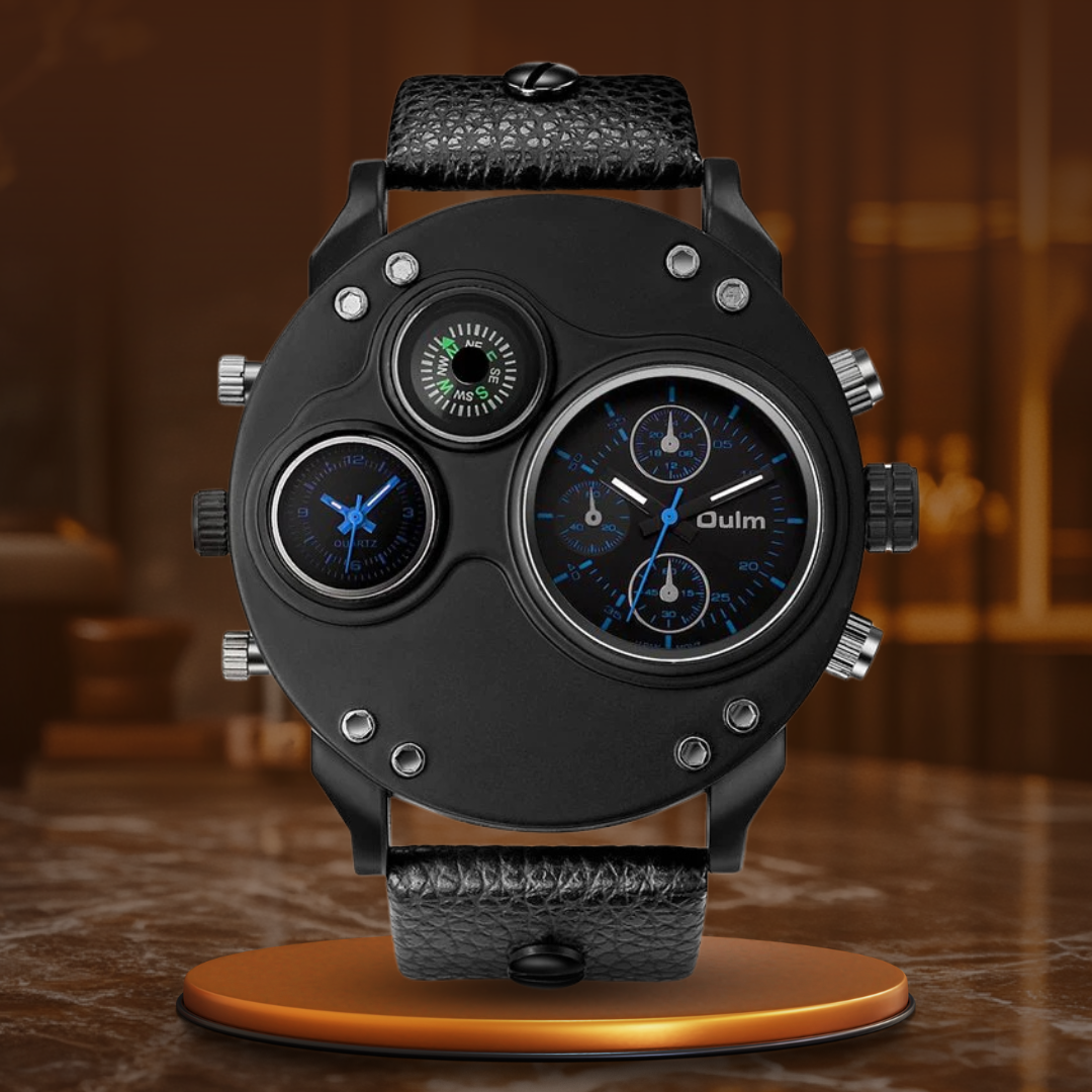 Black leather chronograph watch with dual time zones