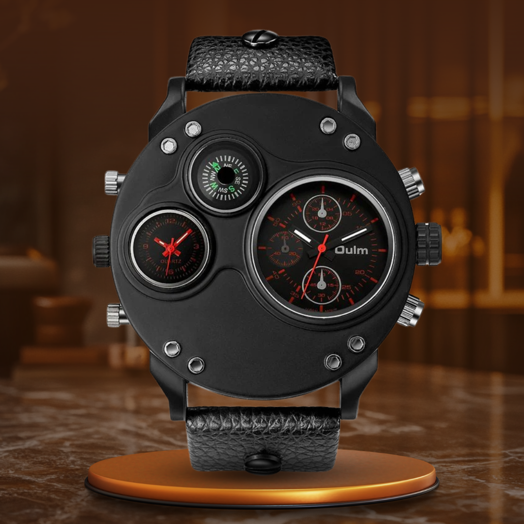 Black leather chronograph watch with dual time zones