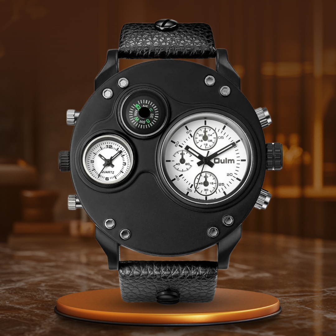 Black leather chronograph watch with dual time zones