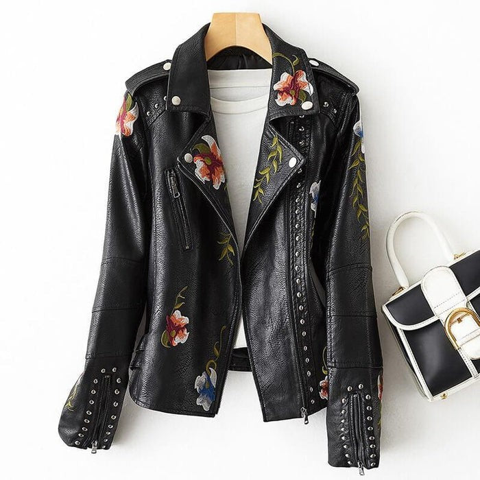 Elegant Retro Leather Jacket with Magnolia Flower Design