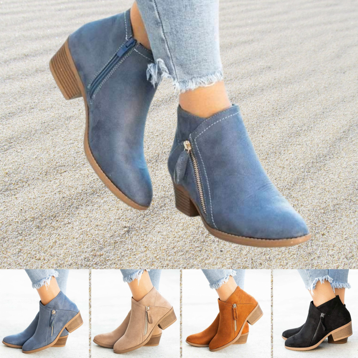 Women's Ankle Boots with Dual Zippers and a Trendy Chunky Low Heel