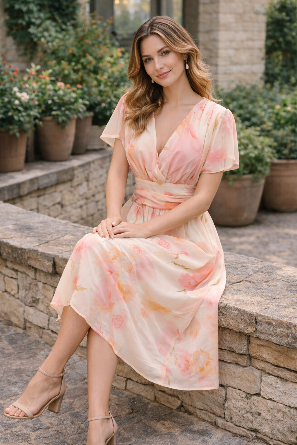 Casual Maxi Long Dress with Floral Print, V-Neck and Short Sleeves