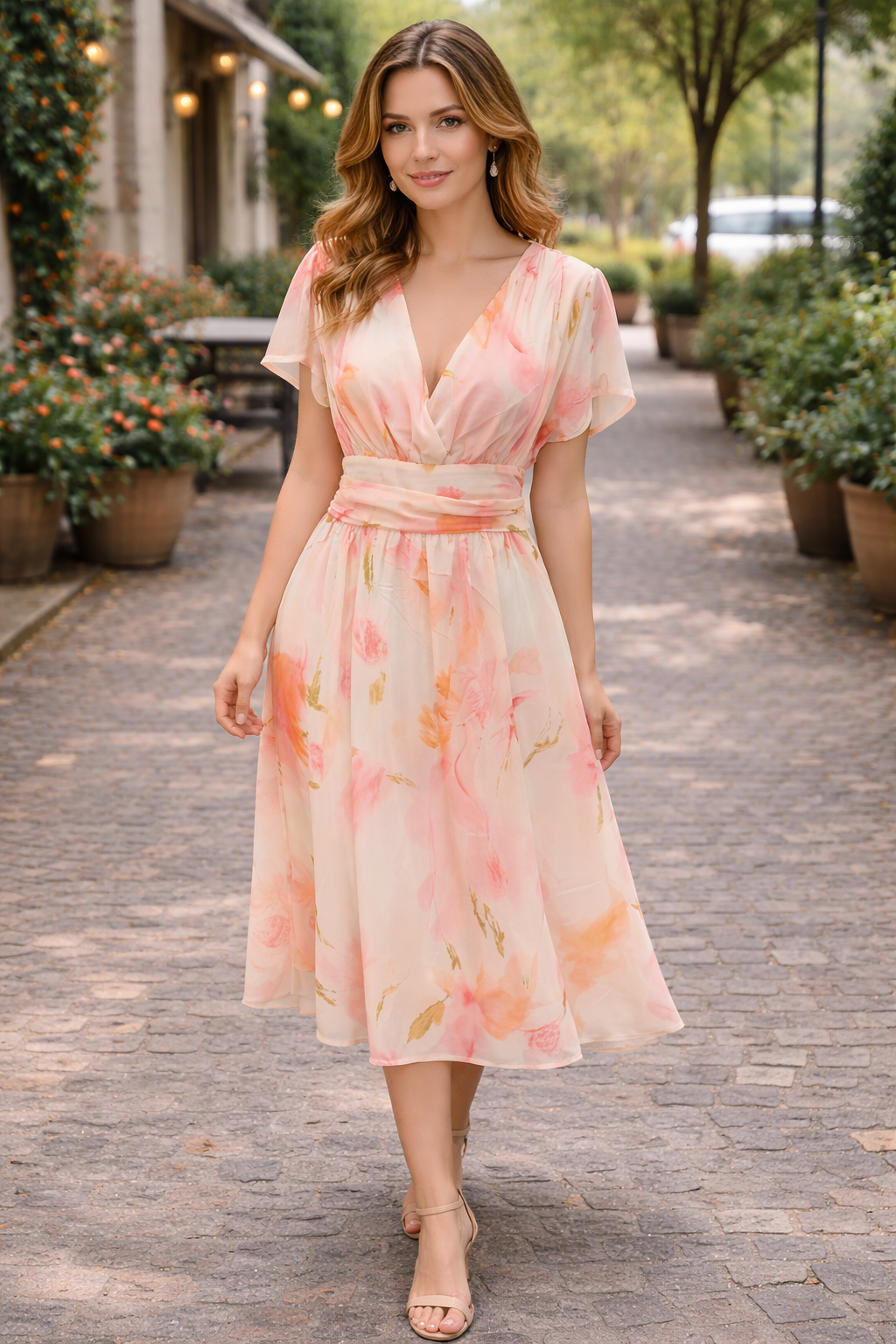 Casual Maxi Long Dress with Floral Print, V-Neck and Short Sleeves