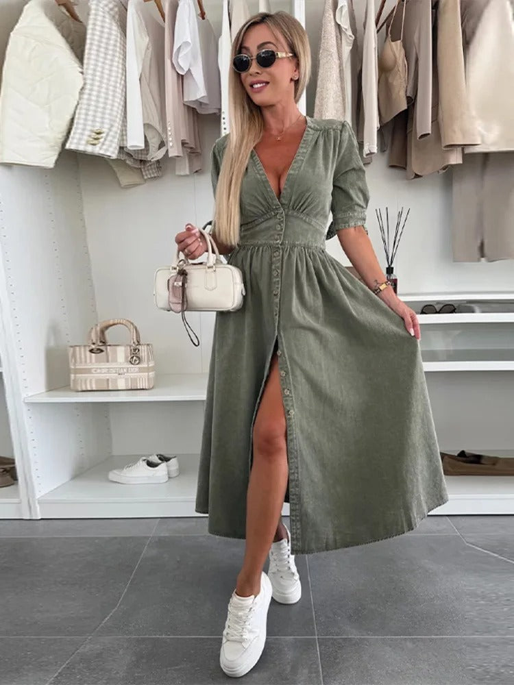Clarina | Dress with Deep V-Neck and Slit 0