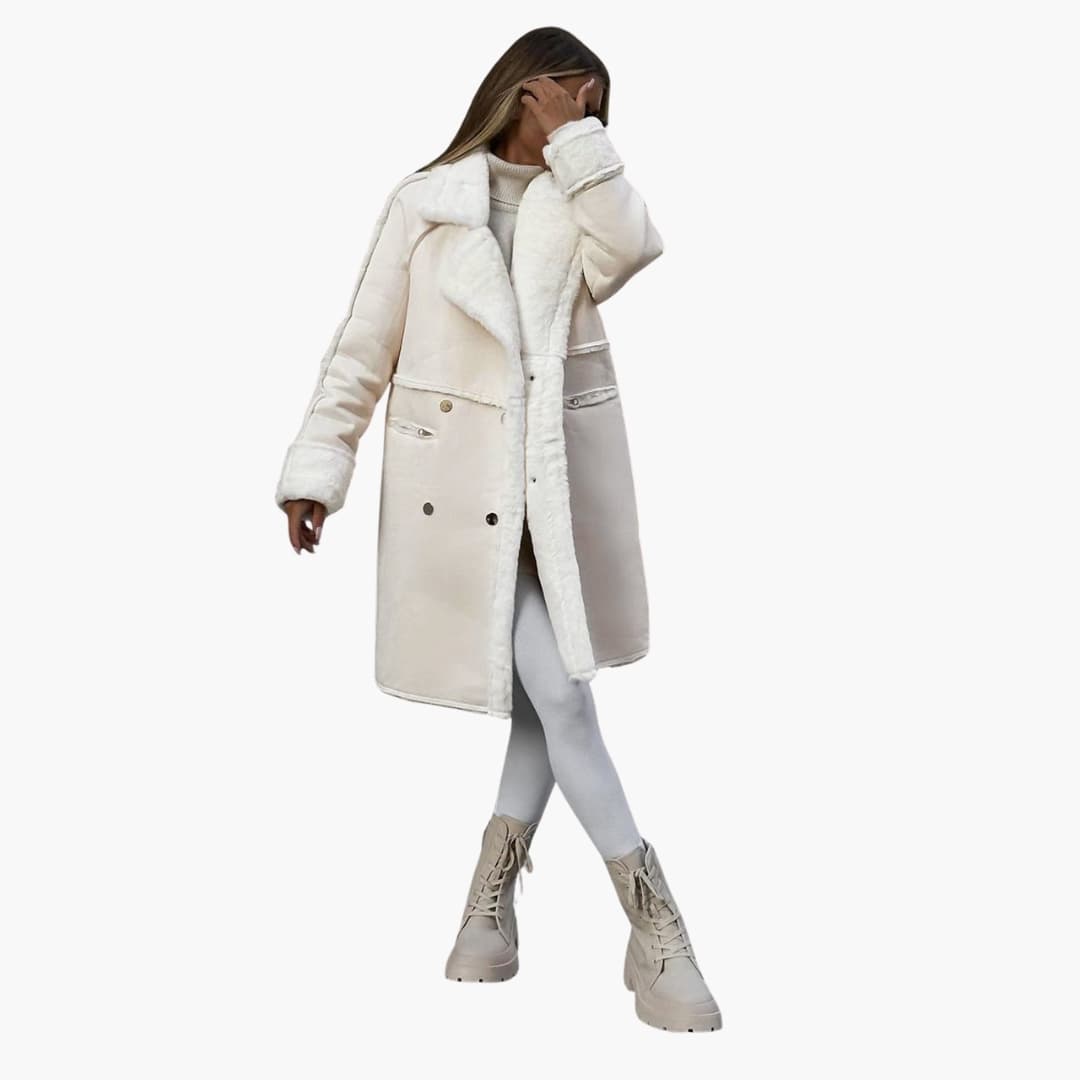 Stylish women's long coat with a lapel collar and front button closure